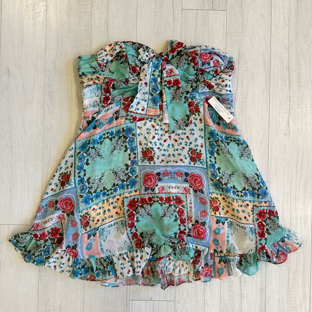 For Love And Lemons Floral Patchwork Mini Dress - Green and Red - Picture 2 of 5